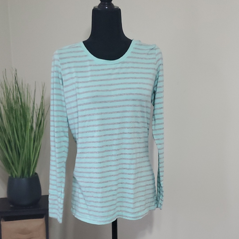 a.n.a Aqua and Gray Striped Long Sleeve Tee